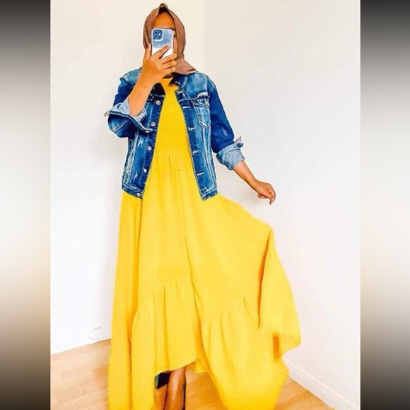 Shirred Cami Yellow Flared Maxi Long Dress Asymmetrical Hem - Picture 10 of 14